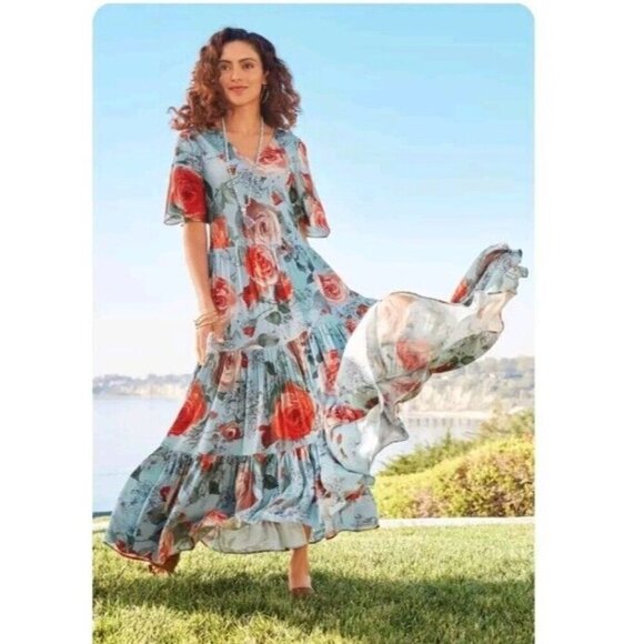 Soft Surroundings Dresses & Skirts - Soft Surroundings First Blooms Rose Floral V-Neck Tiered Pullover Maxi Dress M